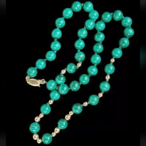 14k Gold Malachite Beaded Strand Necklace-Gemstone Necklace-Estate Jewelry 44.4g